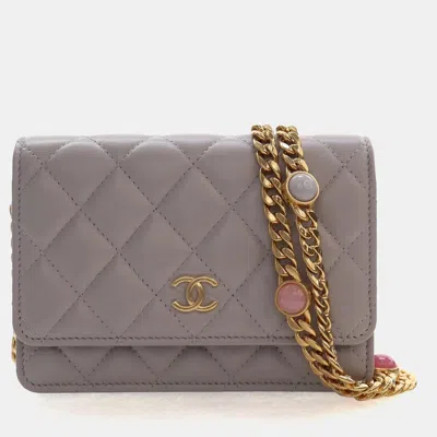Pre-owned Chanel Mini Gem Grey Lambskin Wallet Bag In Gray