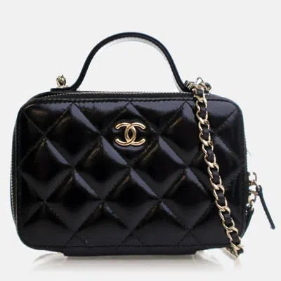Pre-owned Chanel Mini Glazed Calfskin Double Zip Cc Vanity Case In Black