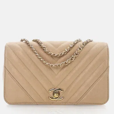 Pre-owned Chanel Mini Gold Iridescent Calfskin Chevron Statement Flap In Brown