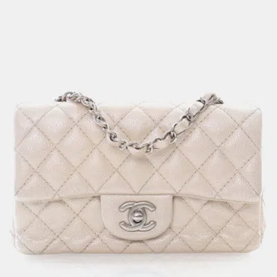 Pre-owned Chanel Mini Iridescent Caviar Rectangular Flap Bag In White