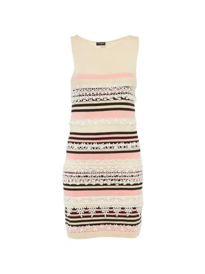 Pre-owned Chanel Mini Lace-trim Striped Dress In Neutral