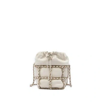 Pre-owned Chanel Mini Lambskin Cc Chain Frame Drawstring Bucket Bag In White