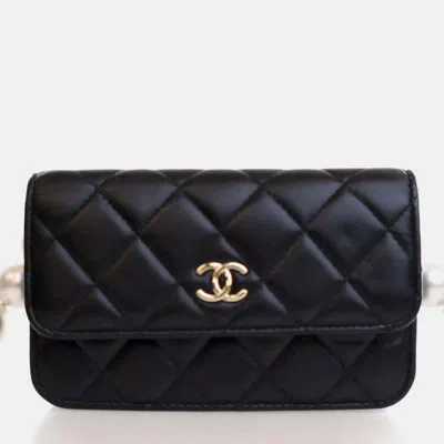 Pre-owned Chanel Mini Lambskin Maxi Pearls Clutch On Chain In Black