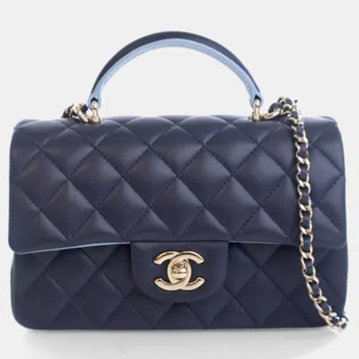 Pre-owned Chanel Mini Lambskin Rectangular Top Handle In Blue