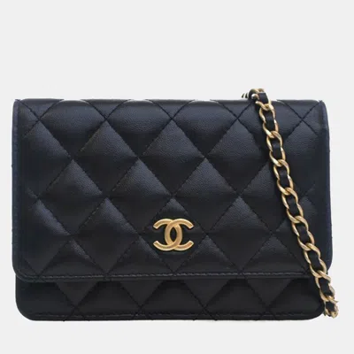Pre-owned Chanel Mini Lambskin Wallet On Chain (woc) In Black