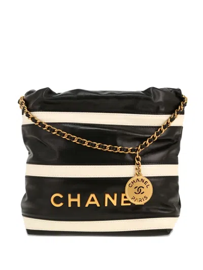 Pre-owned Chanel Mini Leather Striped Tote Bag In Black