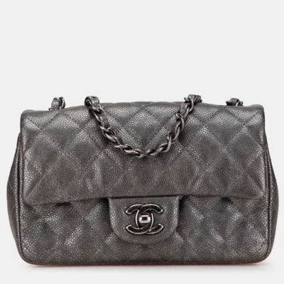Pre-owned Chanel Mini Matelasse 20 Coco Mark Chain Shoulder Bag In Silver/gray Caviar Skin