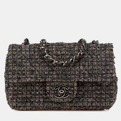 Pre-owned Chanel Mini Matelasse 20 Coco Mark Crossbody Chain Shoulder Bag Grey Tweed Leather In Gray