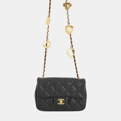 Pre-owned Chanel Mini Matelasse Chain Shoulder Bag With Heart Charm Lambskin Black