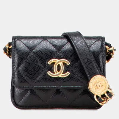 Pre-owned Chanel Mini Matelasse Coco Mark In Black Caviar Skin Waist Bag