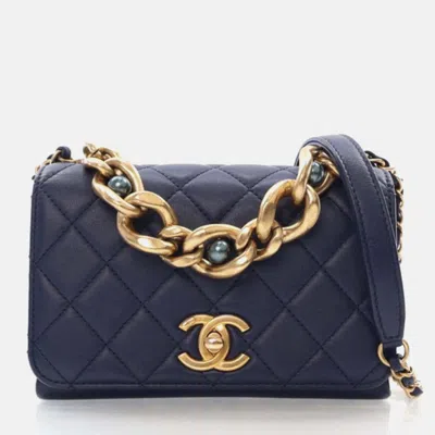 Pre-owned Chanel Mini Navy Calfskin Pearl Chain Flap Bag In Blue
