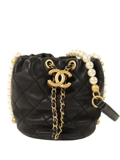 Pre-owned Chanel Mini Pearl Calfskin Bucket Bag In Black