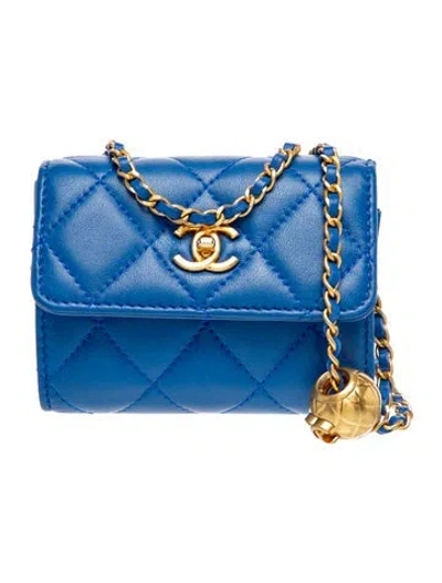 Pre-owned Chanel Mini Pearl Crush Card Holder On Chain In Blue
