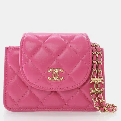Pre-owned Chanel Mini Pink Lambskin Flap Clutch On Chain