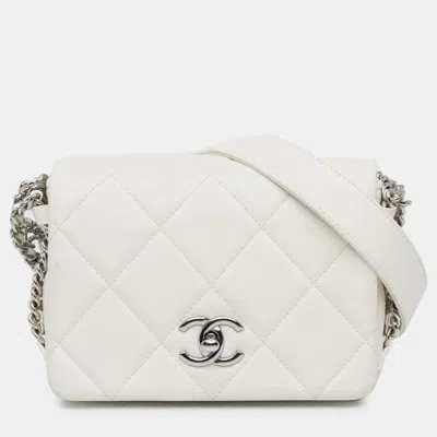 Pre-owned Chanel Mini Quilted Chain Rows Flap White Lambskin Bag