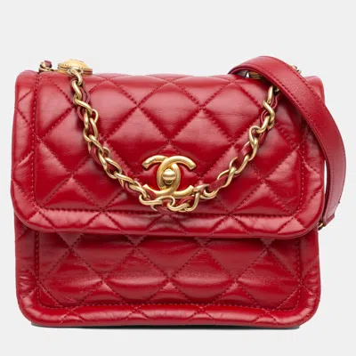 Pre-owned Chanel Mini Quilted Lambskin Soft Square Flap In Red