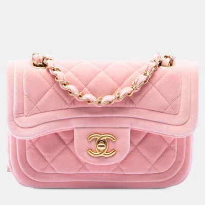 Pre-owned Chanel Mini Quilted Velvet Double Frame Flap Pink Velvet Crossbody Bag