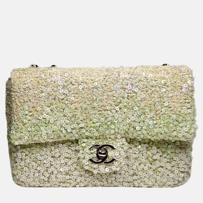 Pre-owned Chanel Mini Rectangle Sequin Flap Bag Ss23 In White
