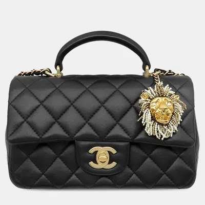 Pre-owned Chanel Mini Rectangular Lion Charm Black Lambskin Top Handle Flap Bag