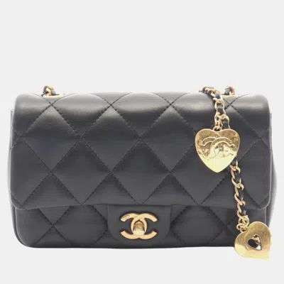 Pre-owned Chanel Mini Rectangular Quilted Lambskin Heart Charms Flap Bag In Black