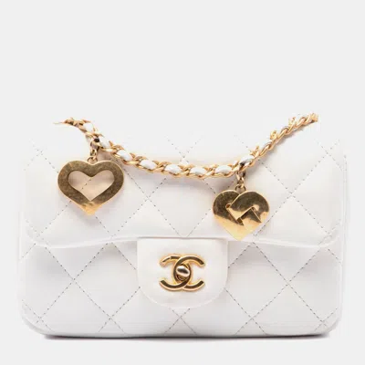 Pre-owned Chanel Mini Rectangular Quilted Lambskin Heart Charms Flap Bag In White