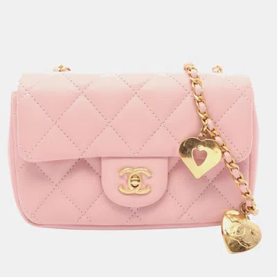 Pre-owned Chanel Mini Rectangular Quilted Lambskin Heart Charms Flap Pink Lambskin Shoulder Bag