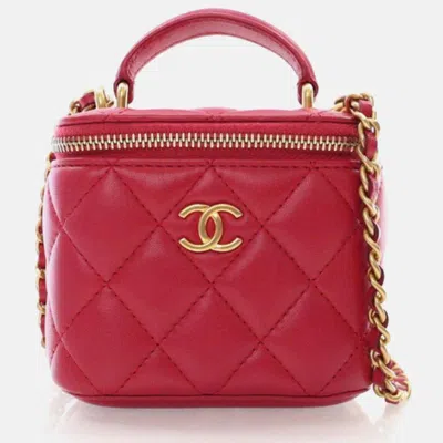 Pre-owned Chanel Mini Red Lambskin Top Handle Vanity Case With Chain