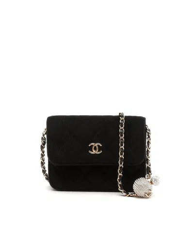 Pre-owned Chanel Mini Velvet Pearl Crush Wallet On Chain Bag In Black