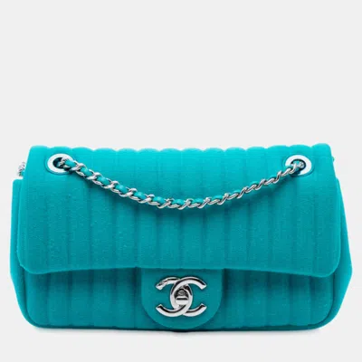 Pre-owned Chanel Mini Vertical Quilted Jersey Single Flap In Blue