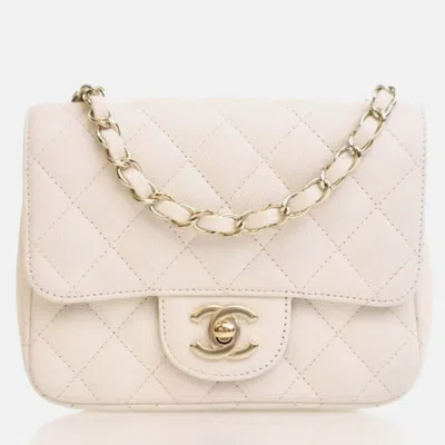 Pre-owned Chanel Mini White Caviar Square Classic Flap Bag