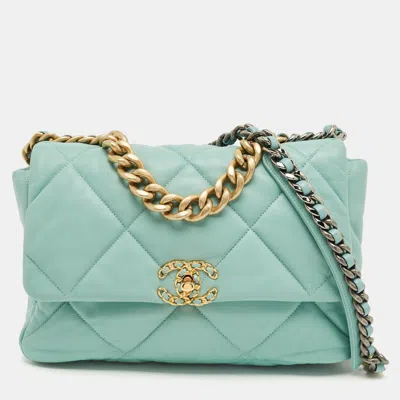 Pre-owned Chanel Mint Blue Quilted Leather Large 19 Flap Bag