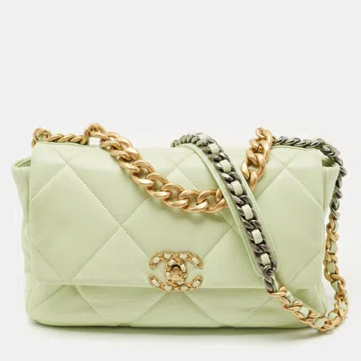 Pre-owned Chanel Mint Green Quilted Leather Large 19 Flap Bag