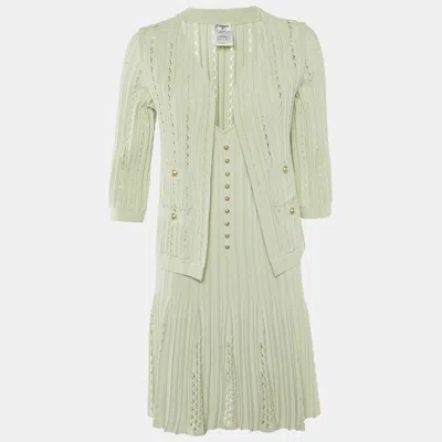 Pre-owned Chanel Mint Green Ribbed Knit Dress & Cardigan Set M/l
