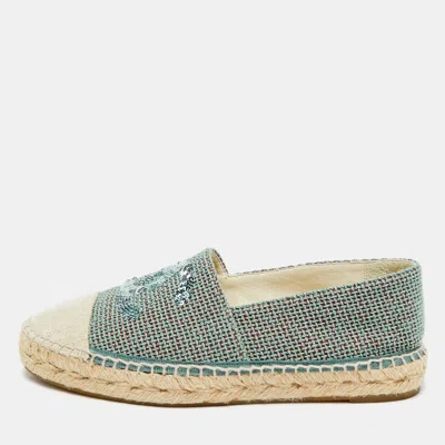 Pre-owned Chanel Mint Green/beige Sequin And Canvas Cc Cap Toe Espadrilles Size 39