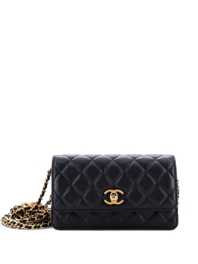 Pre-owned Chanel Mixed Chain Link Cc Wallet On Chain Quilted Caviar Small Shoulder Bag In Black