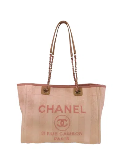 Pre-owned Chanel Mm Deauville Cc Canvas Tote Bag In Pink