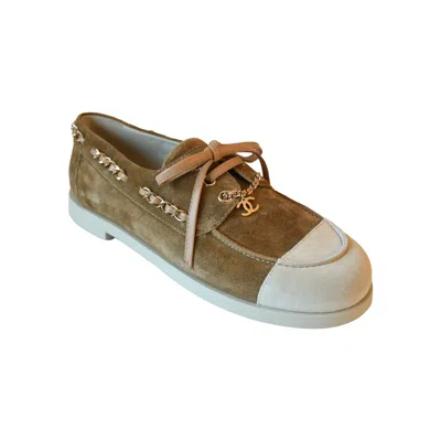 Pre-owned Chanel Moccasins Suede Calfskin Dark Beige