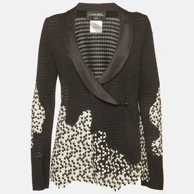 Pre-owned Chanel Monochrome Pointelle Knit Lapel Detail Cardigan M In Black