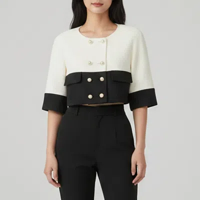 Pre-owned Chanel Monochrome Tweed Double Breasted Crop Jacket L In Black