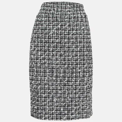 Pre-owned Chanel Monochrome Tweed Pencil Skirt L In Black