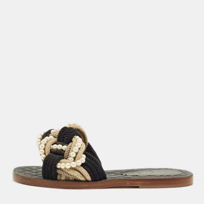 Pre-owned Chanel Multicolor Braids Fabric And Faux Pearl Flat Slide Size 40