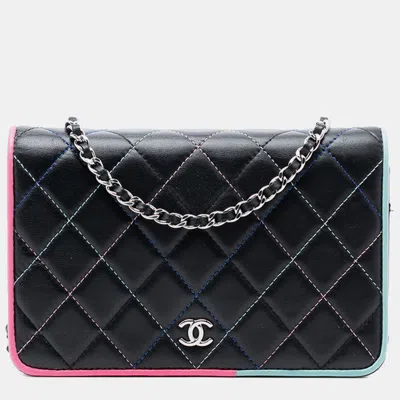 Pre-owned Chanel Multicolor Cc Quilted Lambskin Multicolor Border Full Flap Wallet On Chain