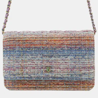 Pre-owned Chanel Multicolor Cc Quilted Tweed Rainbow Hardware Wallet On Chain