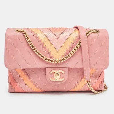 Pre-owned Chanel Multicolor Chevron Iridescent Leather And Python Flap Bag