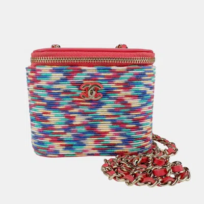 Pre-owned Chanel Pink Multicolor Cotton And Leather Small Vanity Chain Shoulder Bag