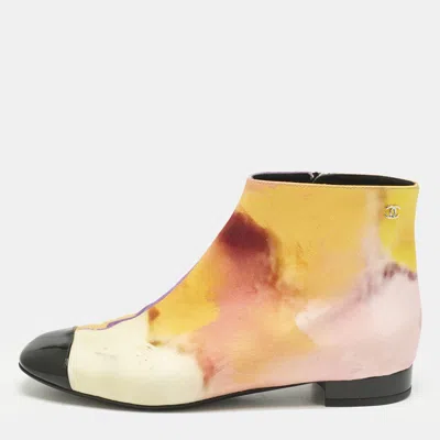 Pre-owned Chanel Multicolor Fabric Cc Zip Ankle Length Boots Size 38.5
