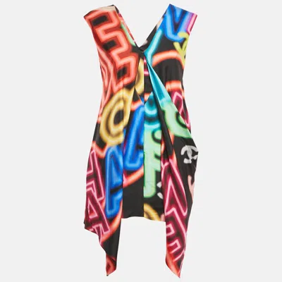 Pre-owned Chanel Multicolor Graffiti Print Silk Asymmetric V-neck Mini Dress S