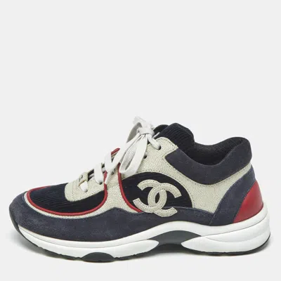 Pre-owned Chanel Multicolor Leather And Suede Cc Logo Lace Up Sneakers Size 36
