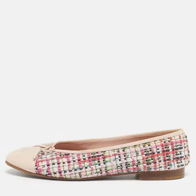 Pre-owned Chanel Multicolor Leather And Tweed Cc Cap Toe Ballet Flats Size 39