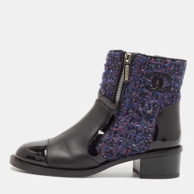 Pre-owned Chanel Multicolor Leather And Tweed Cc Combat Boots Size 37.5